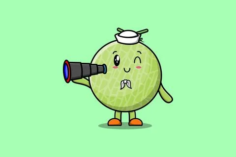 Cute cartoon Melon sailor using binocular 스톡 일러스트