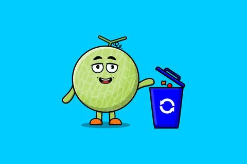 Cute cartoon Melon throwing trash in the trash Stock Illustration