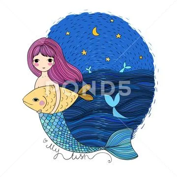 Cute cartoon mermaid and fish. Siren. Sea theme. isolated objects on white Stock Illustration