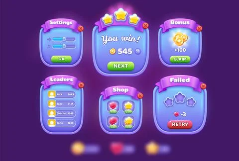 Cute Cartoon Mobile Game GUI Popup Windows Set with Settings, Victory, Bonu.. Stock Illustration