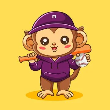 Cute Cartoon Monkey Baseball Player Pose In Cool Style With Hoodie Stock-Illustration