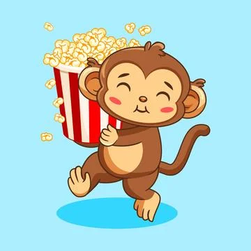 Cute Cartoon Monkey Bring A Big Popcorn Bucket Stock Illustration