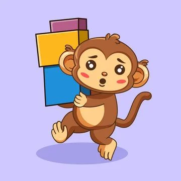 Cute Cartoon Monkey Carrying Stack of Colorful Box イラスト素材