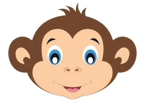 Cute cartoon monkey face with big blue eyes and smiling Illustration