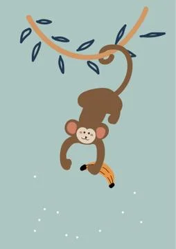 Cute cartoon monkey hanging down from a liana vector childish illustration. Stock Illustration