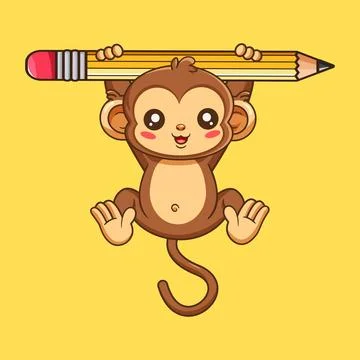 Cute Cartoon Monkey Hanging Playfully from a Giant Pencil Stock Illustration