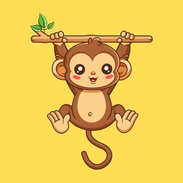 Cute Cartoon Monkey Hanging from a Tree Branch Illustrazione stock