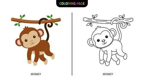 A cute cartoon monkey hangs from a tree branch, shown in both a colored illus Stock Illustration