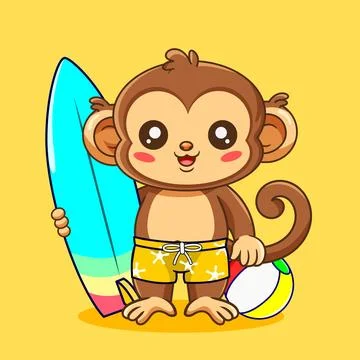 Cute Cartoon Monkey Pose with Surfboard and Beach Ball Stock Illustration