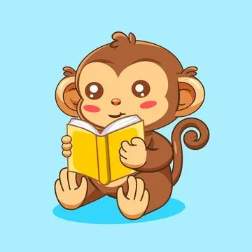 Cute Cartoon Monkey Reading a Book Stock Illustration