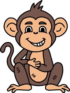 A cute cartoon monkey is sitting on the ground and waving Illustrazione stock