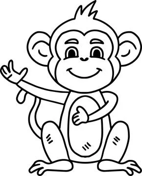 A cute cartoon monkey is sitting on the ground and waving Illustrazione stock