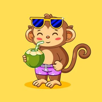 Cute cartoon monkey in sunglasses drinking coconut water Illustrazione stock
