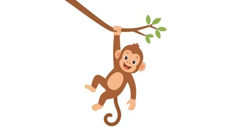 Cute cartoon monkey swinging on tree branch loop on green screen and white .. Stock Footage 340382696