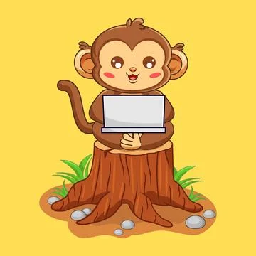 Cute Cartoon Monkey Using Laptop on Tree Stump Stock Illustration