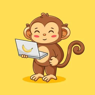 Cute Cartoon Monkey Using Laptop Vector Illustration Stock Illustration