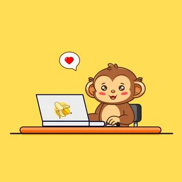 Cute Cartoon Monkey Using Laptop in Workplace Illustrazione stock