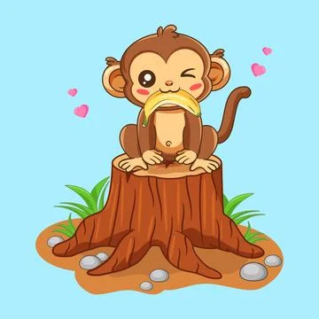 Cute Cartoon Monkey Winking and Eating Banana on Tree Stump Stock Illustration