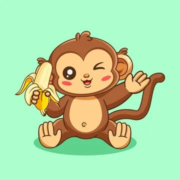 Cute Cartoon Monkey Winking and Eating a Banana Vector Illustration Stock Illustration