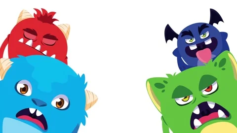 Cute cartoon monsters animation appearing from corners on white background .. Stock Footage 333607091