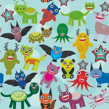 Cute cartoon Monsters seamless pattern on blue background. Vector Stock Illustration