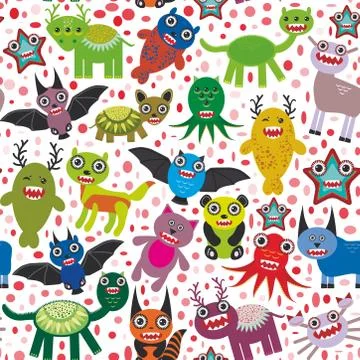 Cute cartoon Monsters seamless pattern  white background. Vector Illustrazione stock