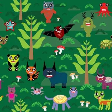 Cute cartoon Monsters seamless pattern on green e background. vector Illustrazione stock