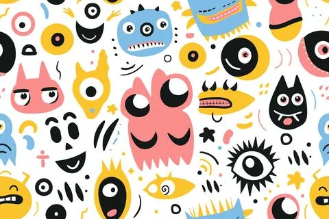 Cute cartoon monsters seamless pattern. Cosmic little aliens smile textile print Stock-Illustration