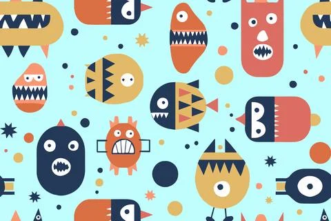 Cute cartoon monsters seamless pattern. Cosmic little aliens smile textile Stock-Illustration