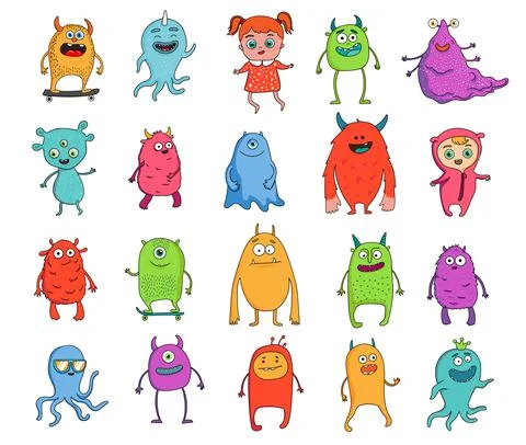 Cute cartoon Monsters set. Vector monsters isolated on white background Stock Illustration