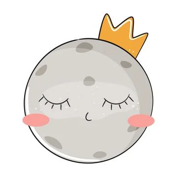 Cute cartoon moon with crown. Vector illustration. Stock Illustration