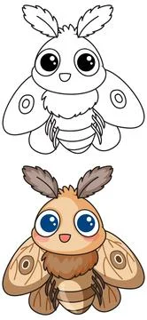 Cute Cartoon Moth Vector Illustration with Coloring Page Version Stock Illustration