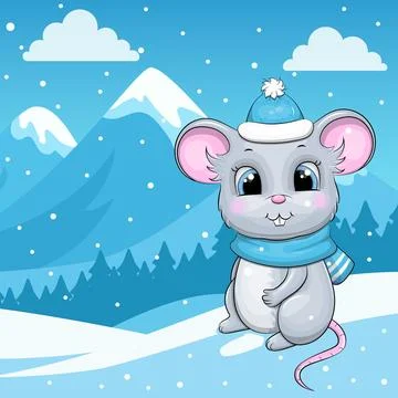 Cute cartoon mouse with blue hat and scarf in winter. Stock Illustration