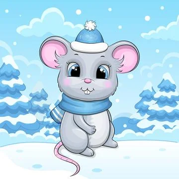 Cute cartoon Mouse with blue hat and scarf in winter. Stock Illustration