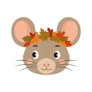 Cute cartoon mouse face with big ears and autumn leaf wreath Stock Illustration