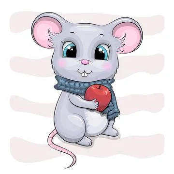 Cute cartoon Mouse with red apple and blue scarf. Stock Illustration
