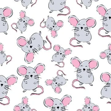 Cute cartoon mouse seamless pattern, vector illustration isolated on white Stock Illustration
