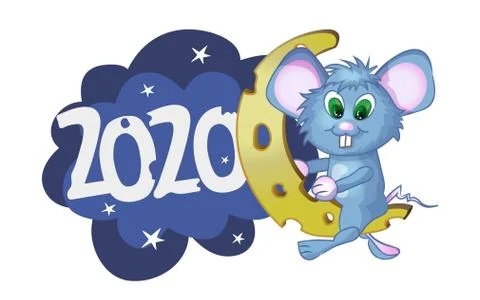 Cute cartoon mouse sitting on a piece of cheese. Vector illustration with simple Stock Illustration