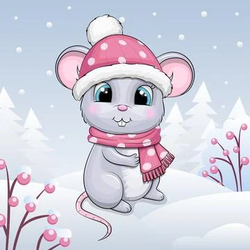 Cute cartoon Mouse in winter. 库存插图