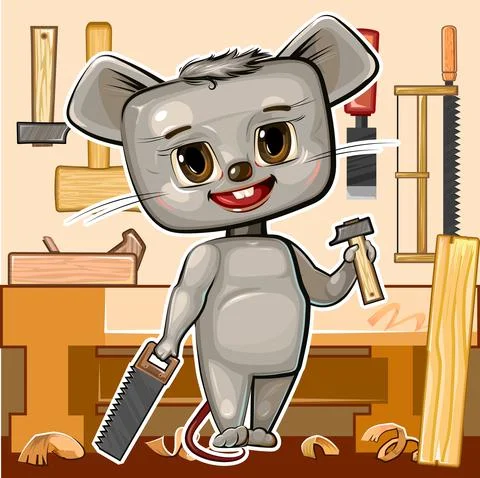 Cute cartoon Mouse at workbench in the carpentry workshop with a saw and a ha Stock Illustration