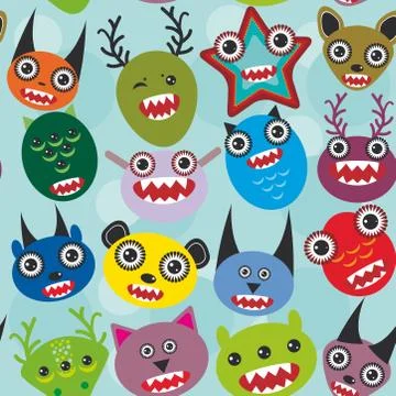 Cute cartoon muzzle Monsters seamless pattern on blue background. Vector Illustrazione stock