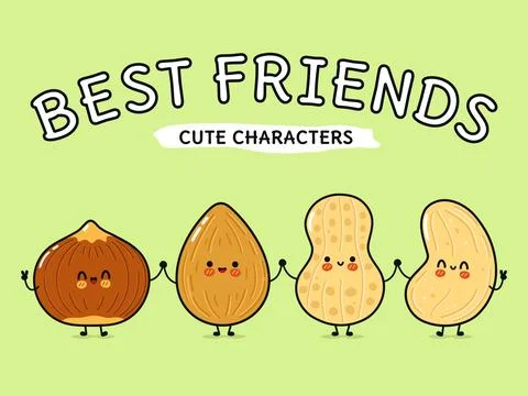 Cute cartoon nut characters being best friends and holding hands Ilustración de archivo