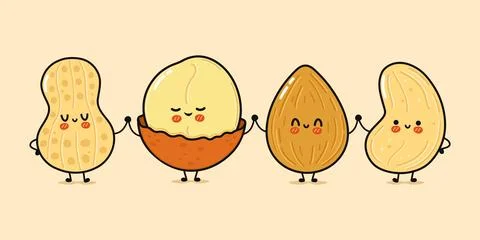 Cute cartoon nuts holding hands symbolizing friendship and unity Stock Illustration