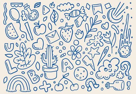 Cute Cartoon Object Designs Doodle Set Stock Illustration