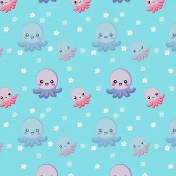 Cute Cartoon Octopus Pattern with Small Flowers on Blue Background Stock Illustration