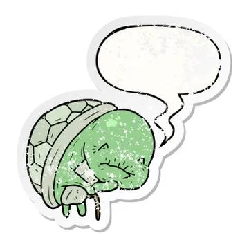 Cute cartoon old turtle and walking stick and speech bubble distressed sticke Stock Illustration