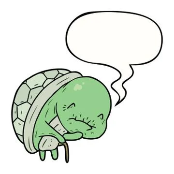 Cute cartoon old turtle and walking stick and speech bubble Stock Illustration