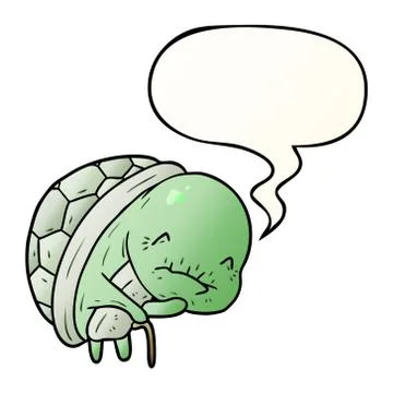 Cute cartoon old turtle and walking stick and speech bubble in smooth gradien Stock Illustration