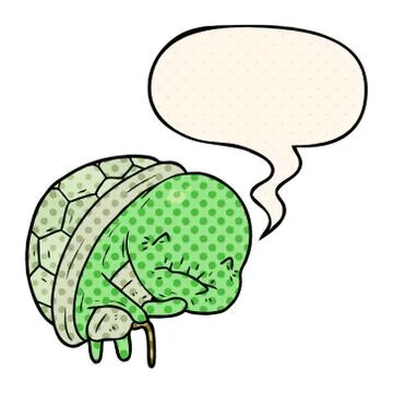 Cute cartoon old turtle and walking stick and speech bubble in comic book sty Ilustración de archivo