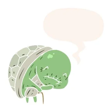 Cute cartoon old turtle and walking stick and speech bubble in retro style Stock Illustration